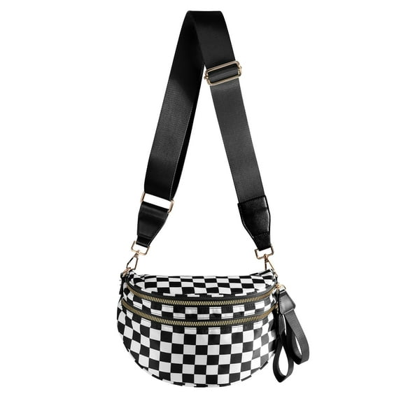 Black and White Checkered Crossbody Bag Bum Bag for Women,Spacious Checkered Purse Fanny Packs Belt Bag Sling Bag with Shoulder Strap (Black and White Checkered)