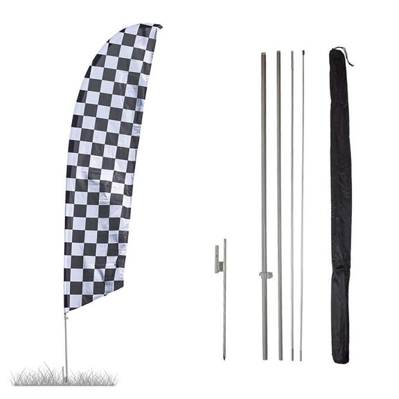 Black/White Checkered Feather Flag Kit - 13.5ft Knitted Polyester Swooper Flag with Pole Set and Ground Spike - Printed in the USA