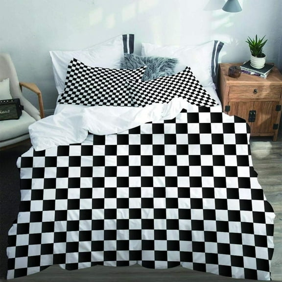 Black and White Checkered Flag 3D Printed Decorative 3 Piece Bedding Set, Gradient Square Quilt Cover Bedding Sets for Kids Adult Teens Comforter with 2 Pillowcases, Twin(68x86in)