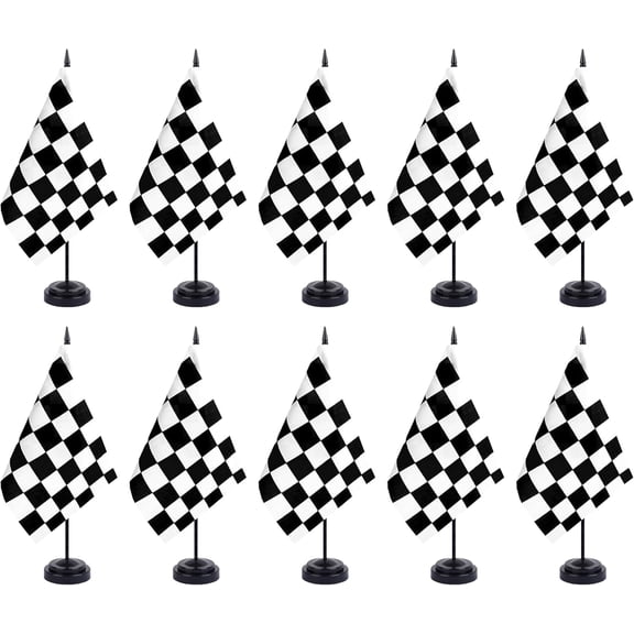 Black and White Checkered Flag Banner Checkered Desk Flag Set Small Mini Racing Office Table Stick Flags with 12" Solid Pole Black Stand Base Decorations (12 Pack)