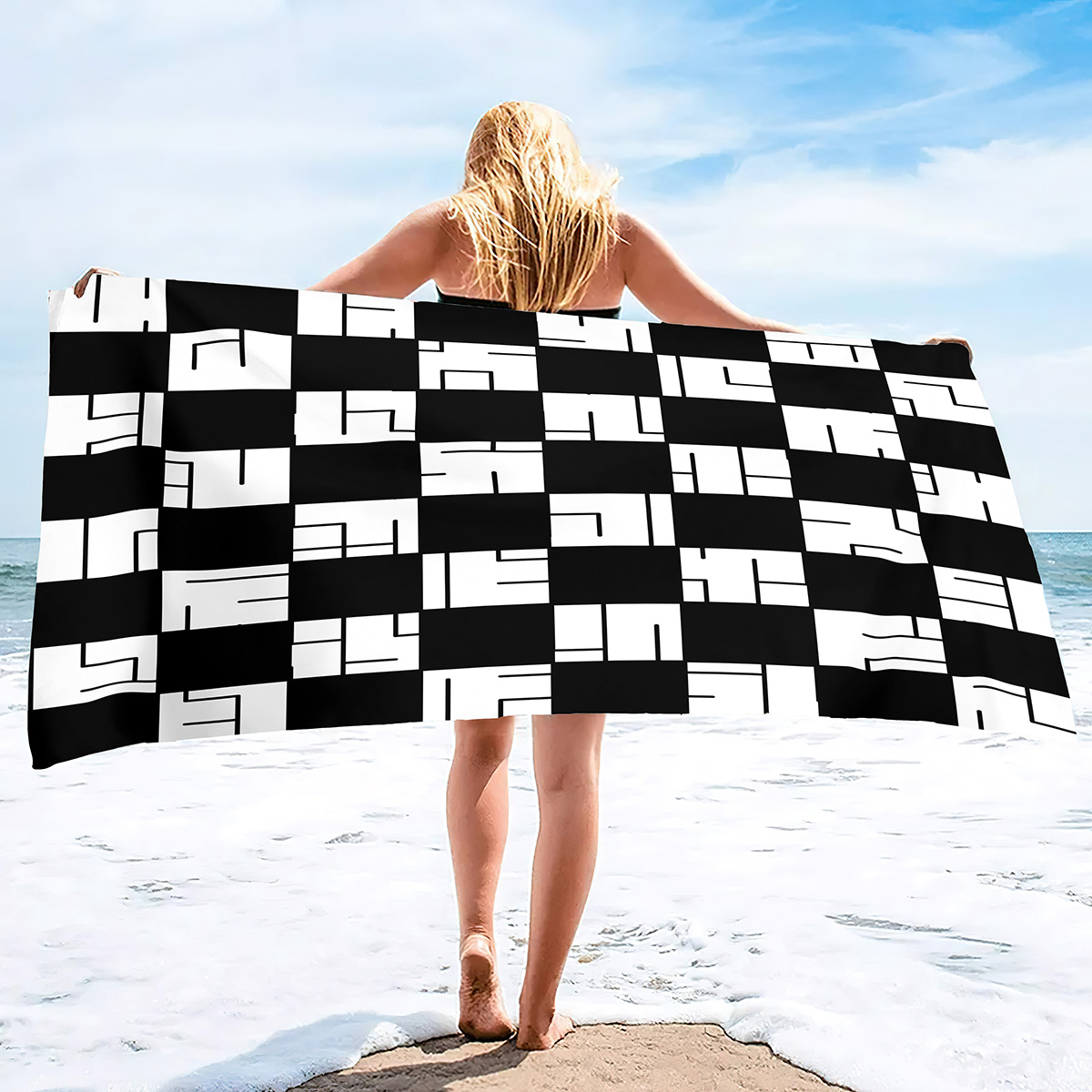 Black White Checkered Flag Microfiber Beach Towels Oversized Quick Dry