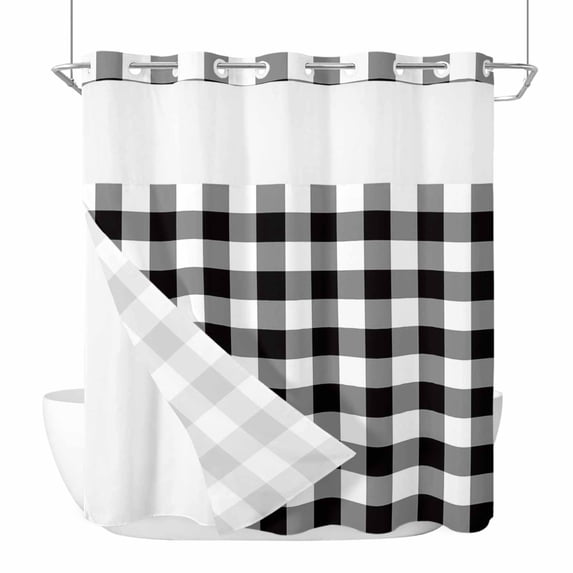 Black and White Checkered No Hook Shower Curtain with Snap in Liner, Farmhouse Buffalo Plaid Double-Layer Waterproof Fabric Shower Curtains for Bathroom Hotel Bathtub, Mesh Top 72"x78"