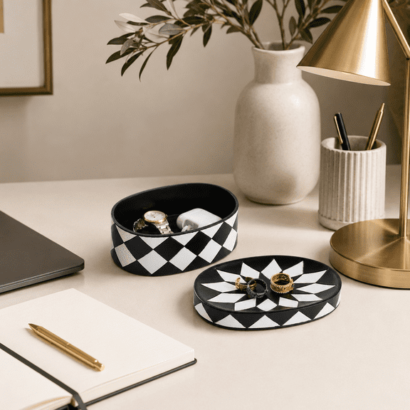 Black and White Checkered Jewelry Box with Removable Tray Lid, Decorative Oval Ring and Earring Organizer for Vanity, Nightstand, Dresser and Desk Decor
