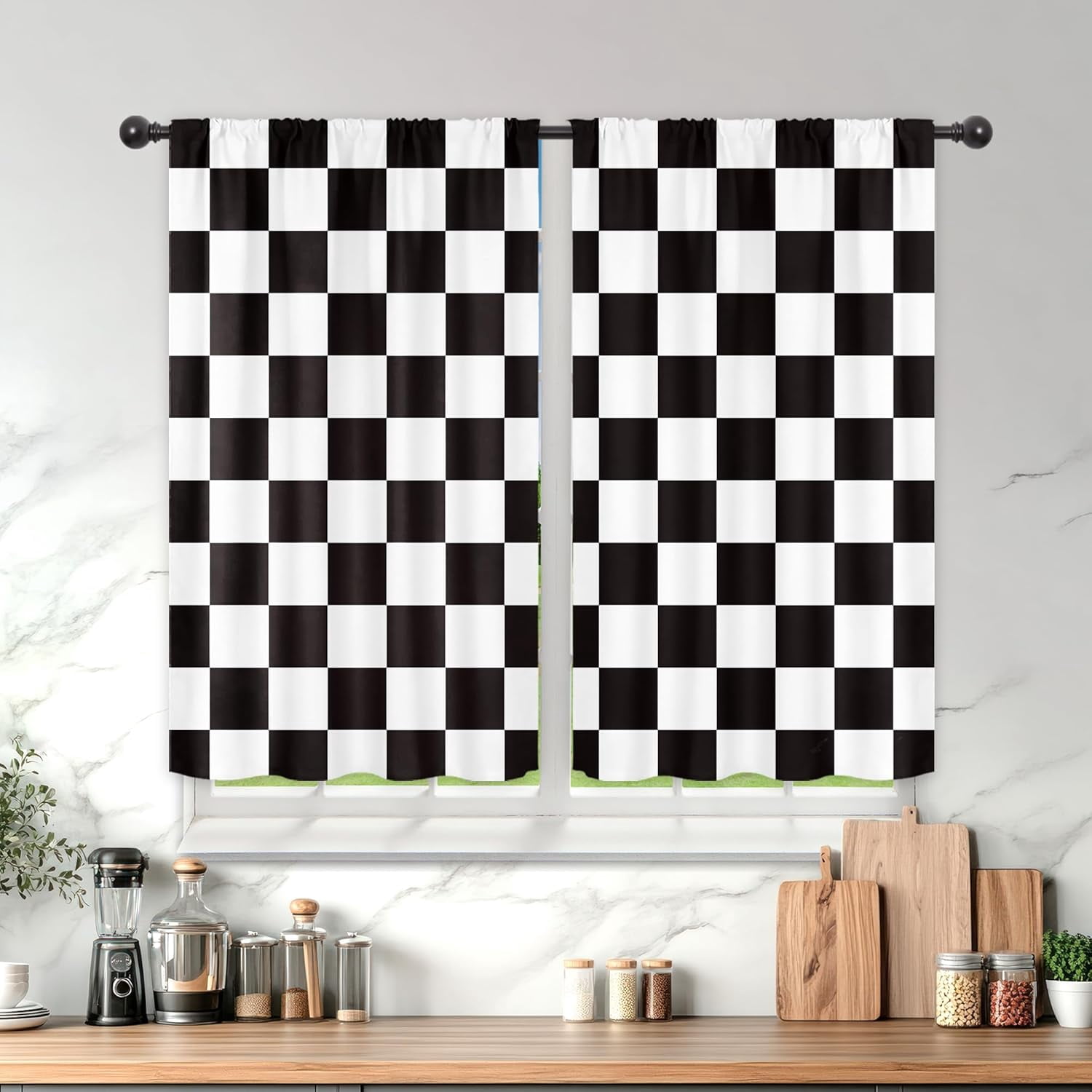 Black and White Checkered Kitchen Curtains 27.5Wx39H Inch Rod Pocket ...