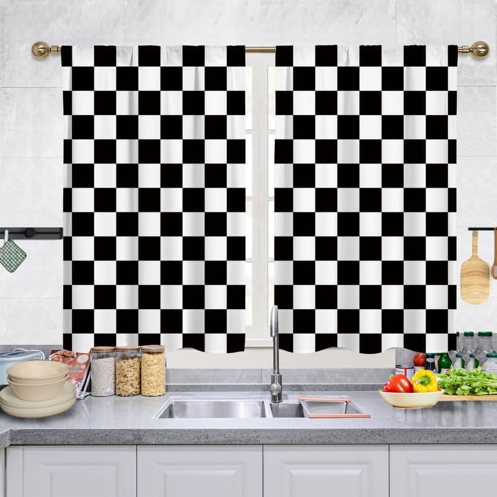 Black and White Checkered Kitchen Curtains, Rustic Farmhouse Kitchen ...