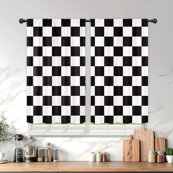 Black and White Checkered Kitchen Curtains, Rustic Farmhouse Plaid Door Curtains, 27.5Wx39H Inch Rod Pocket Short Small Checkerboard Abstract 2 Panel Window Treatment Set for Living Room