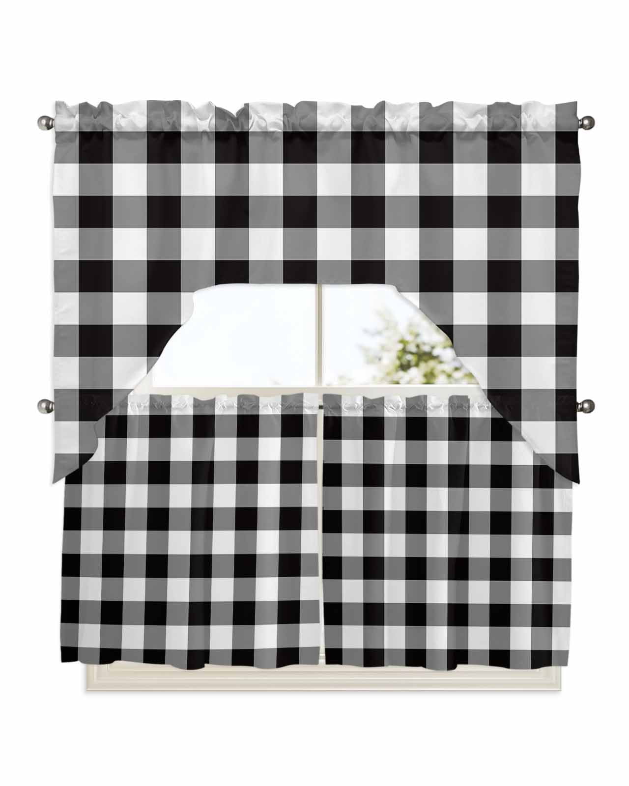 Black and White Checkered Kitchen Curtains Swag Valance and Tier ...