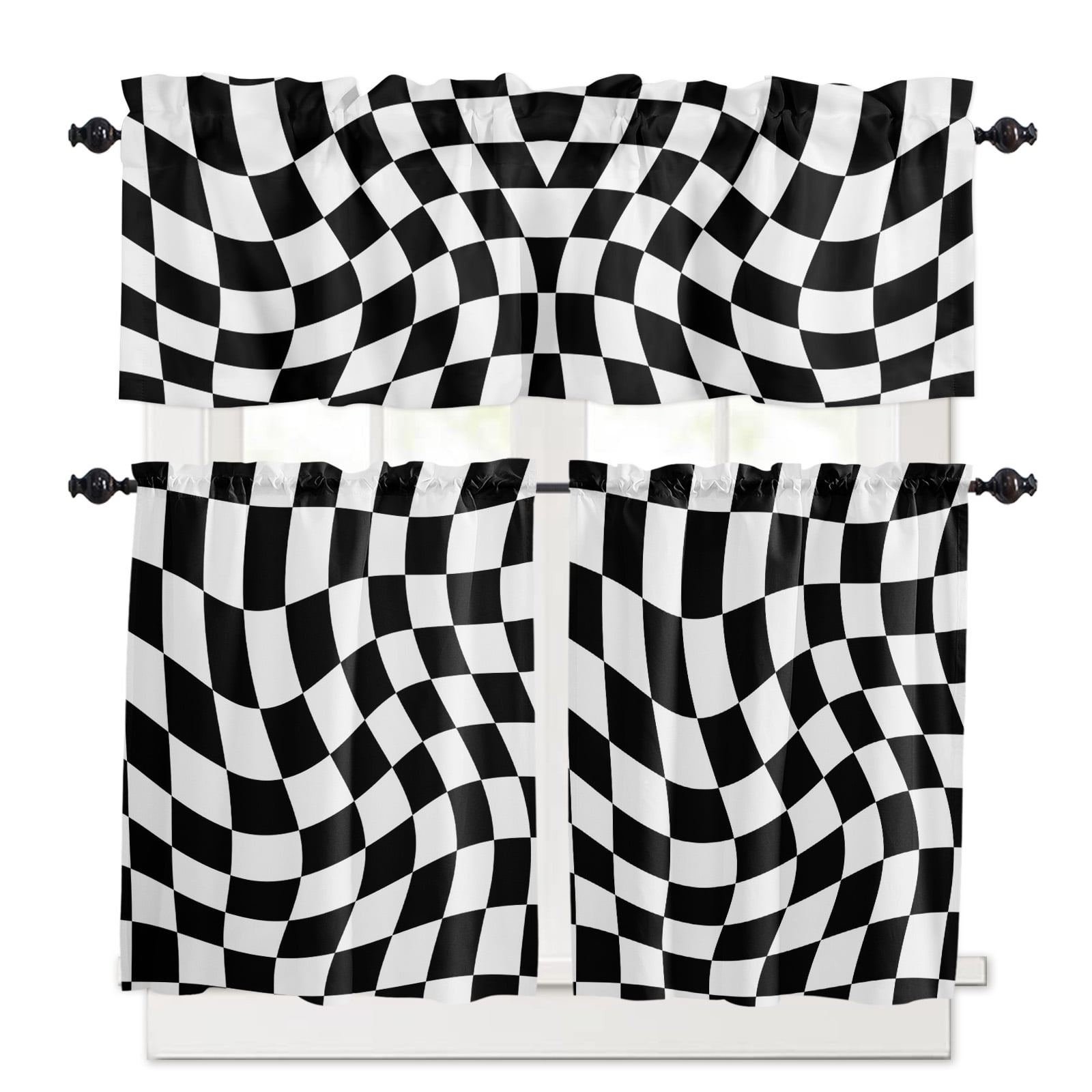 Black and White Checkered Kitchen Curtains and Valances Set, 3 Piece ...