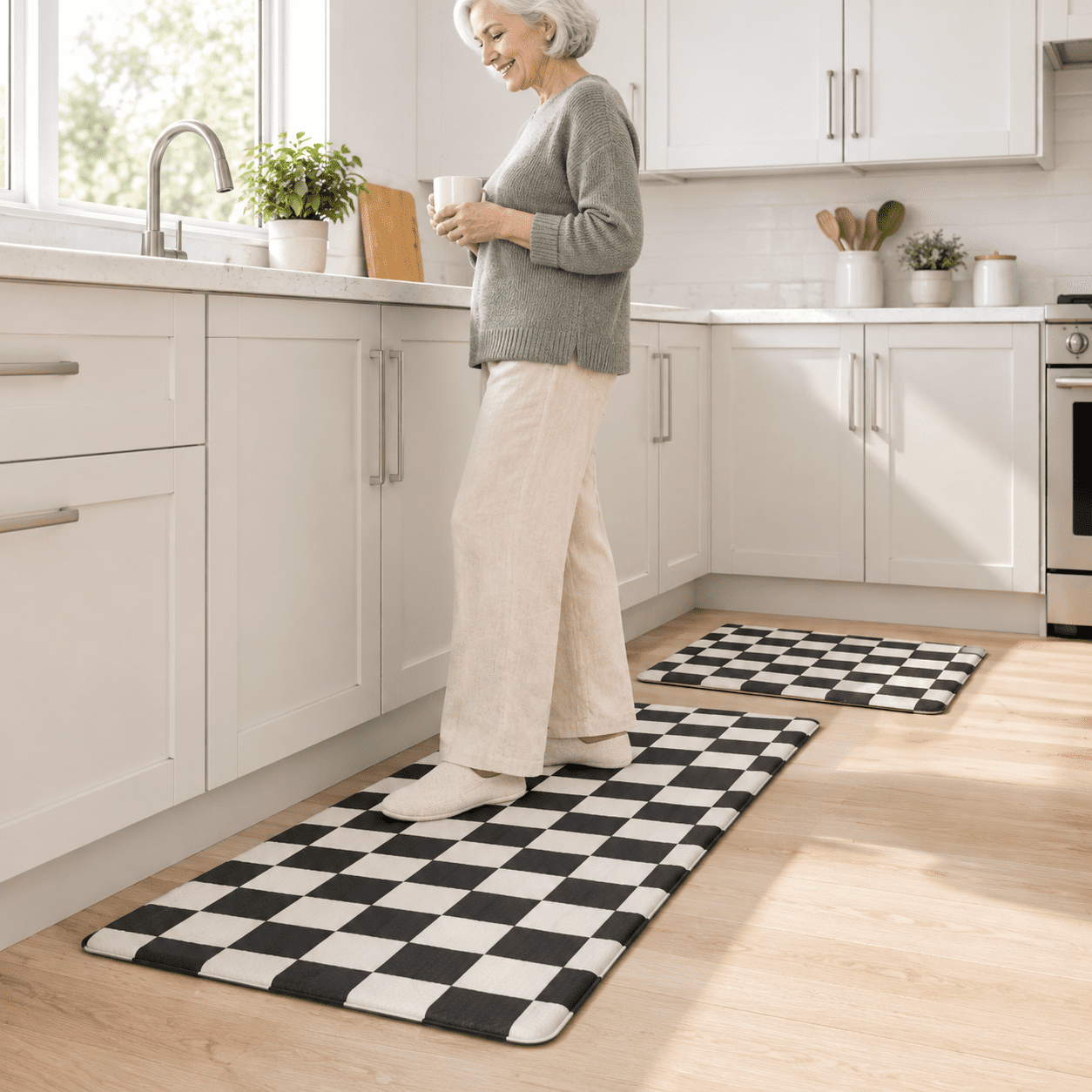 Black White Checkered Kitchen Mat Set of 2, Cushioned Non-Slip Floor ...
