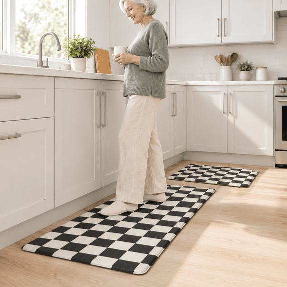 Check Floor Rug Black White Checkered Kitchen Mat Set of 2, Cushioned Non-Slip Floor ...