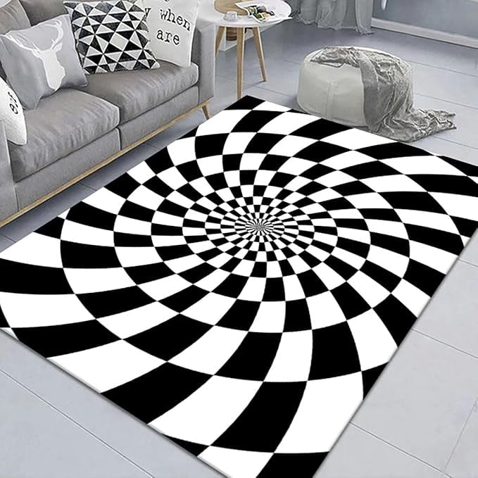 Black White Checkered Living Room Area Rug 3D Visual Illusion Rugs ...