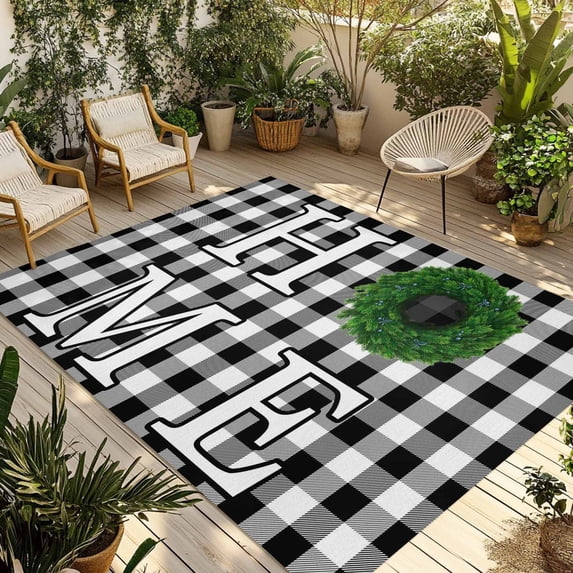 Black White Checkered Outdoor Rug for Patio/Deck/Porch, Non-Slip Large Area Rug 6 x 9 Ft, Farmhouse Buffalo Plaid Botanical Indoor Outdoor Rugs Washable Area Rugs, Camping Rug Carpet Runner