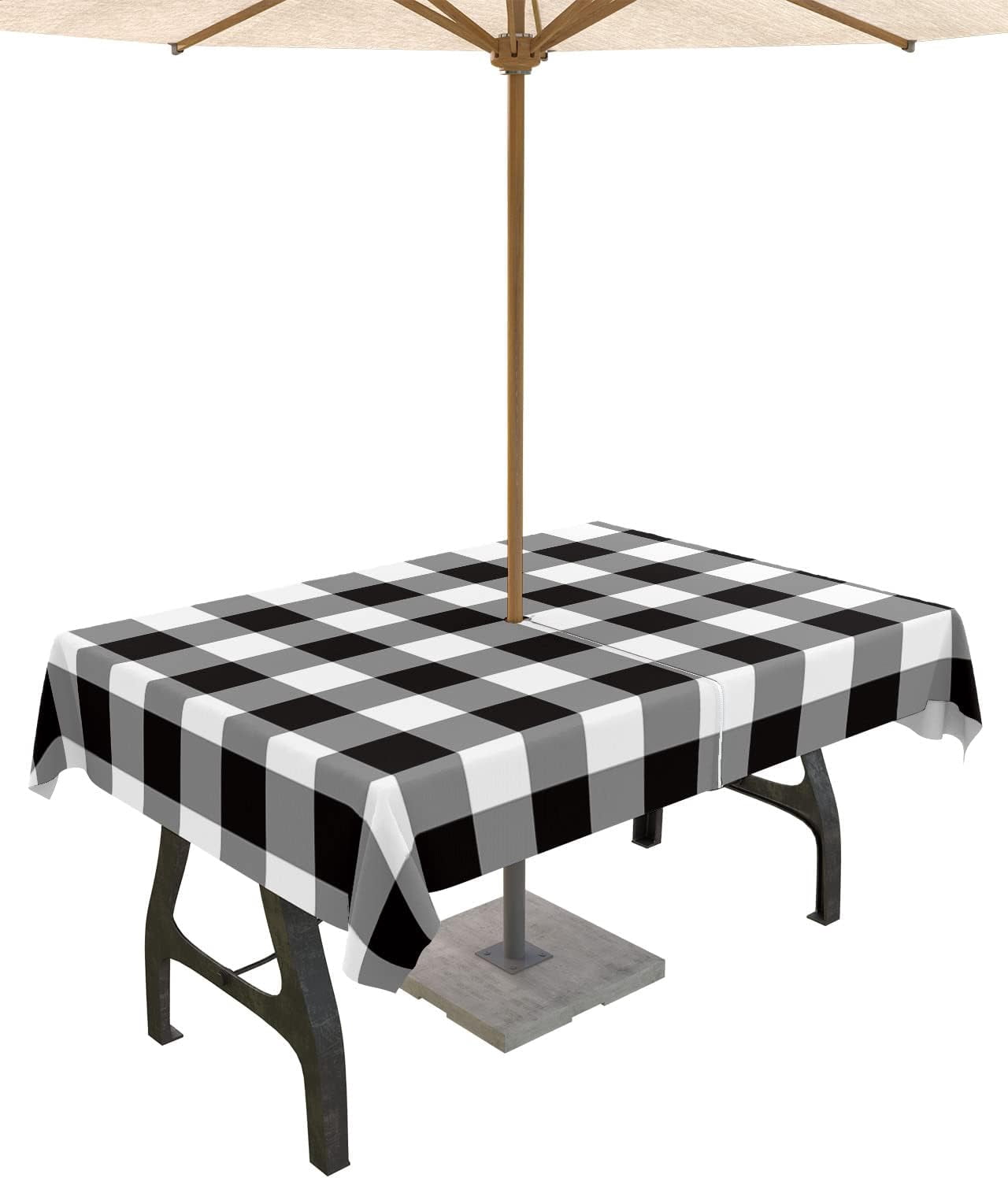 Black and White Checkered Outdoor Tablecloth - 60x84 Inch Rectangle Dining Table Cover, Farmhouse Buffalo Plaid Waterproof Outdoor Table Cloth with Umbrella Hole & Zipper for Picnic/Patio/Party