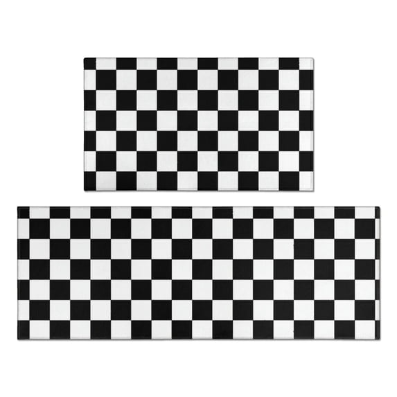 Black and White Checkered Pattern Anti Fatigue Kitchen Rugs Set Of 2, Non Slip Washable Decorative Floor Mats for Kitchen Sink Laundry, 17"x30" and 17"x47"