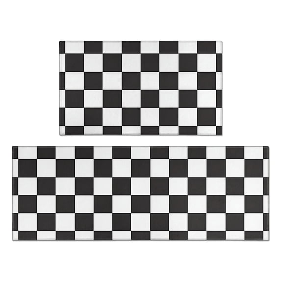 Black and White Checkered Pattern Anti Fatigue Kitchen Rugs Set Of 2, Non Slip Washable Decorative Floor Mats for Kitchen Sink Laundry, 17"x30" and 17"x47"