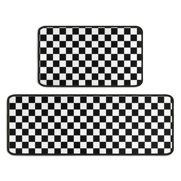 Black and White Checkered Pattern Anti Fatigue Kitchen Rugs Set Of 2, Non Slip Washable Decorative Floor Mats for Sink Laundry and Home Use, 17"x30" and 17"x47"