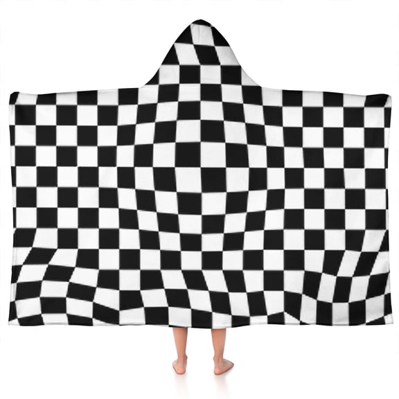 Black and White Checkered Pattern Hooded Bath Towel，50"x30" for Ages 3 To 12 Kids, Quick Dry Lightweight Soft Microfiber Hood Beach Towel Cover Up for Kids