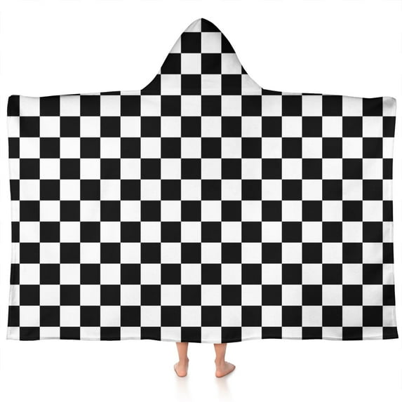 Black and White Checkered Pattern Hooded Bath Towel,60"x35" for Ages 3 To 12 Kids, Quick Dry Lightweight Soft Microfiber Hood Beach Towel Cover Up for Kids