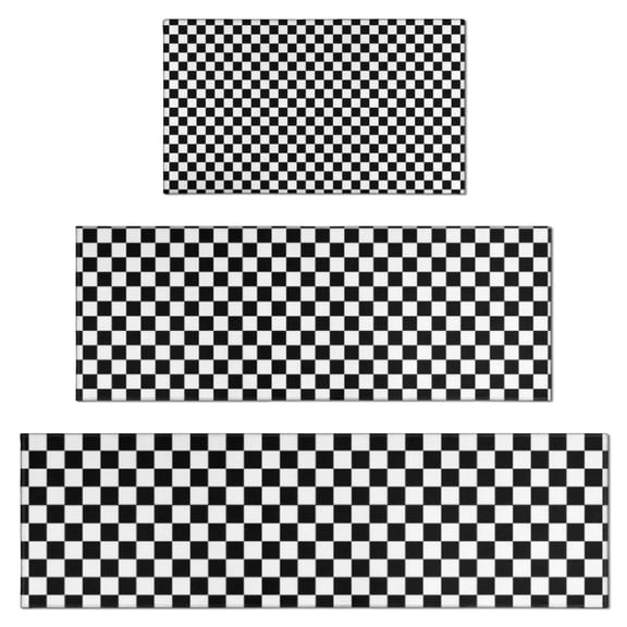 Black and White Checkered Pattern Kitchen Rugs Sets Of 3,Kitchen Runner Rugs Non Skid Washable,Decorative Kitchen Floor Mats for Kitchen,Sink,Laundry,17"x30"+ 17"x47" + 17"x59"