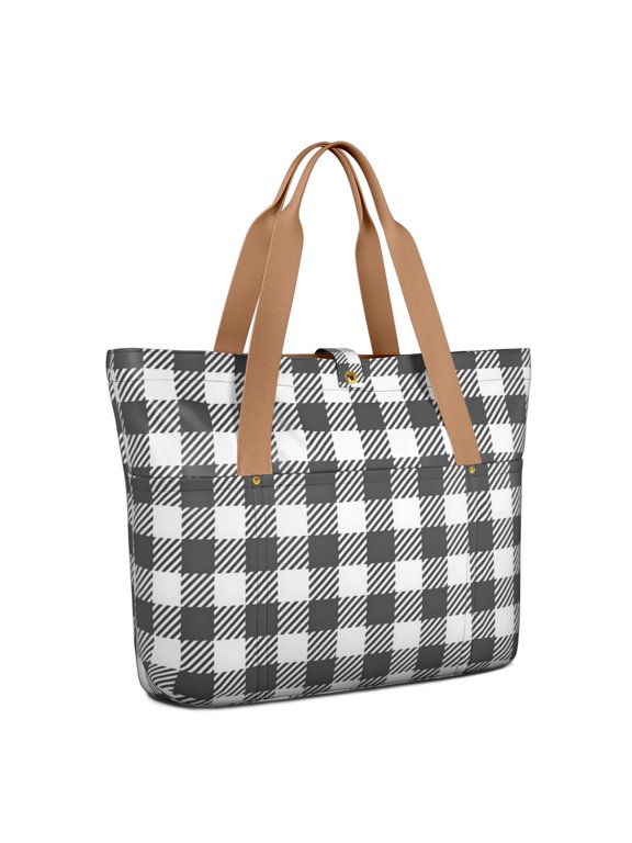 Black and White Checkered Pattern Large Tote Bag for Women, Polyester Roomy Work Tote with Pockets and Zipper, Durable Gifts Ideas for Mom Wife Friend