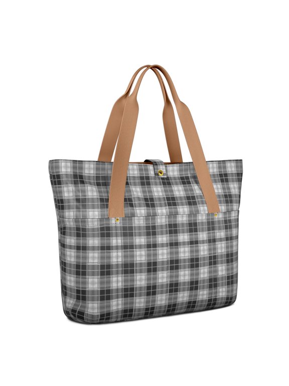Black and White Checkered Pattern Large Tote Bag for Women, Polyester Roomy Work Tote with Pockets and Zipper, Foldable Gifts Ideas for Mom Wife Friend