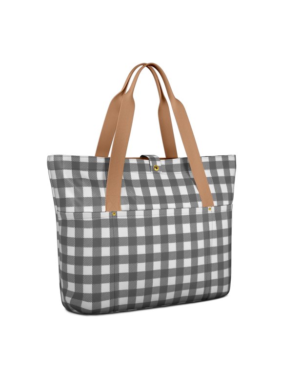 Black and White Checkered Pattern Large Tote Bag for Women, Polyester Roomy Work Tote with Pockets and Zipper, Lightweight Gifts Ideas for Work School Gym
