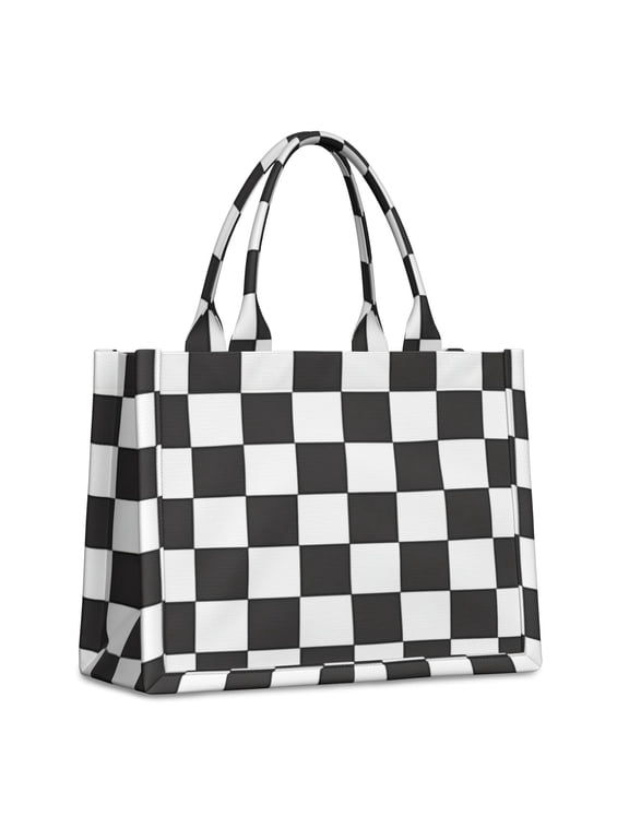 Black and White Checkered Pattern Tote Bag, Travel Tote Purse with Interior Pockets & Top Handle, Large Capacity Gifts for Work Shopping Travel,15.7 X 5.1 X 13 Inches