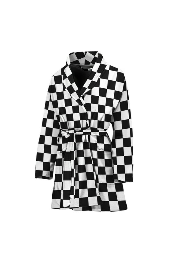 Black And White Checkered Pattern Women Bathrobe One Size Univeral Fits, Checkered Caro Plaid Tartan Fashion Lightweight Plush Fleece Long Robe For Women