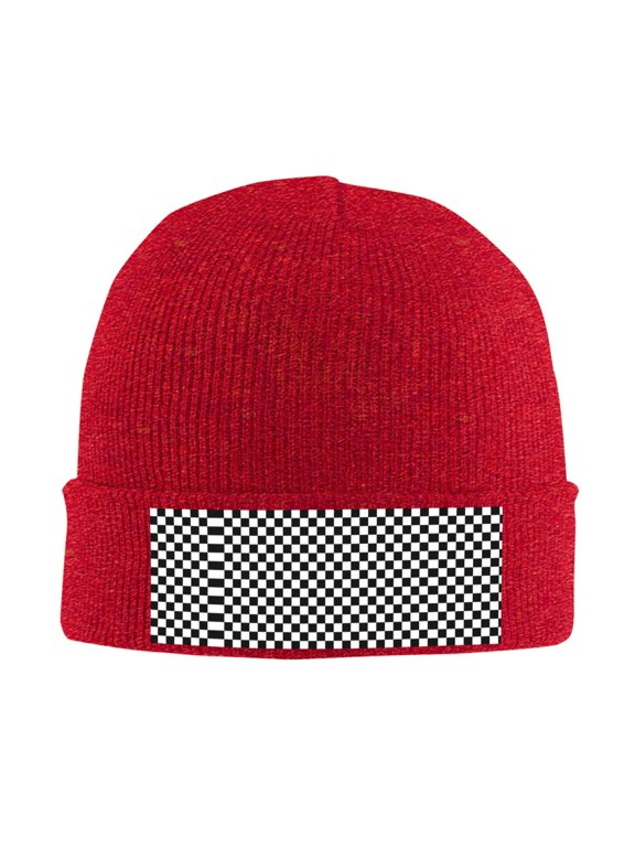 Black White Checkered Pattren Beanie Hat Knit Hat Skull Cap for Men Women Winter Hat Red