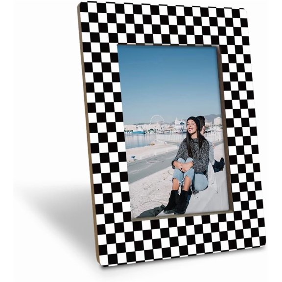 Black and White Checkered Picture Frame, Modern Geometric Pattern Frame for 4x6 Inches Photo, Display on Table Top Desk, Black and White Racing Flag Picture Frames
