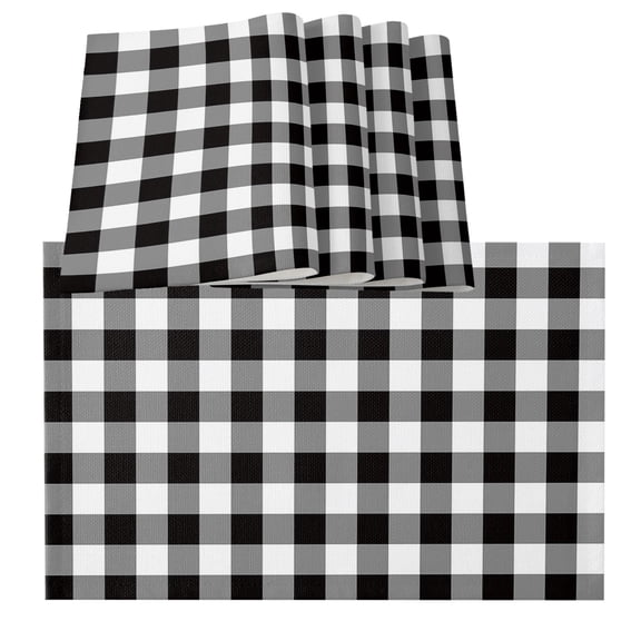 Black and White Checkered Placemats for Dinning Table Set of 4, Farmhouse Buffalo Plaid Burlap Kitchen Place Mats Waterproof Cloth Table Mats, Indoor Outdoor Placemats Easy Clean Dinner Decor