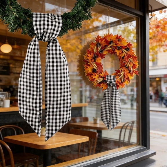 Black White Checkered Plaid Wreath Sash - Front Door Decorations Bow Ribbon for Halloween Modern Elegant Year Round Wedding Farmhouse Home Accessories