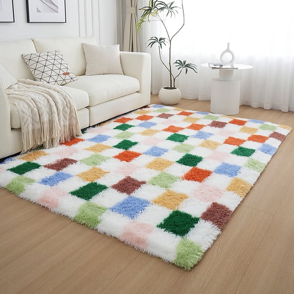 Black and White Checkered Plush Shag Area Rug, Colorful Checkerboard Bedroom Carpet, Thick Modern Luxury Minimalist Rug for Bedside Living Room Bay Window