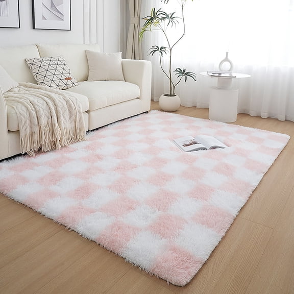 Black and White Checkered Plush Shag Area Rug, Colorful Checkerboard Bedroom Carpet, Thick Modern Luxury Minimalist Rug for Bedside Living Room Bay Window