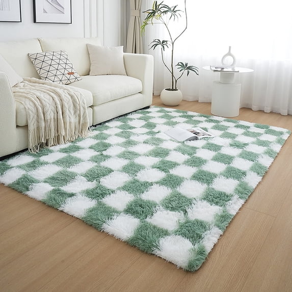 Window Rug Black and White Checkered Plush Shag Area Rug, Colorful Checkerboard ...