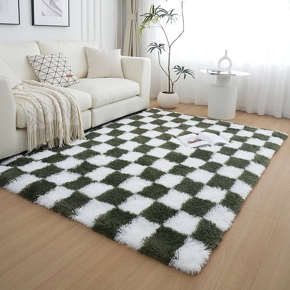 Black and White Checkered Plush Shag Area Rug, Colorful Checkerboard Bedroom Carpet, Thick Modern Luxury Minimalist Rug for Bedside Living Room Bay Window