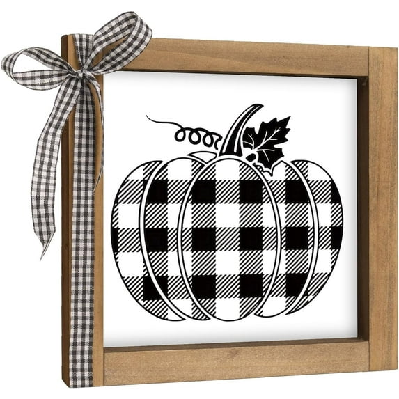 Black and White Checkered Pumpkin Sign, Wooden Fall Halloween Thanksgiving Decorative Signage Plaques Decor, Indoor Table Shelf Tiered Tray Desk Wall Art Rustic Farmhouse Home Decorations