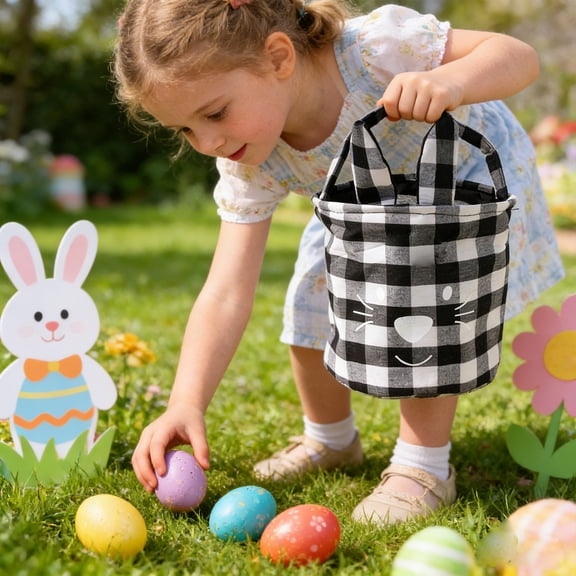 Black White Checkered Rabbit Ear Basket Portable Picnic Easter Tote