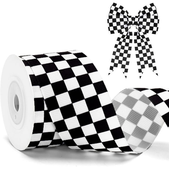 Black and White Checkered Ribbon - Racing Car Theme Black Grosgrain Buffalo Plaid Ribbon for Gift Wrapping, 1.5 in x 10 Yds White Gingham Ribbons for Crafts, Wreath, and Racing Cakes Decor