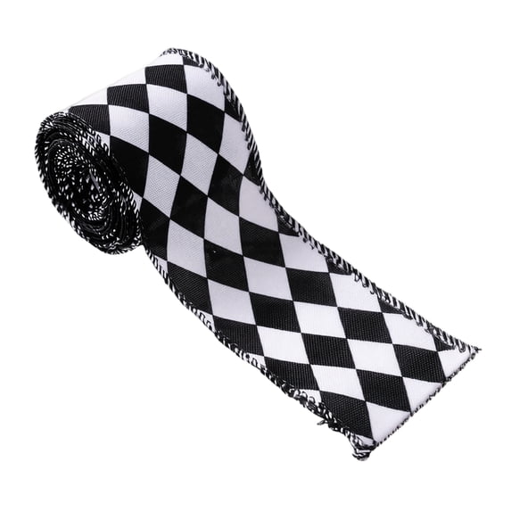 Black and White Checkered Ribbon with Wired Edge and Burlap Fabric, 1 Roll, Black and White Diamond Pattern, for Christmas Tree and Gift Wrapping Decoration