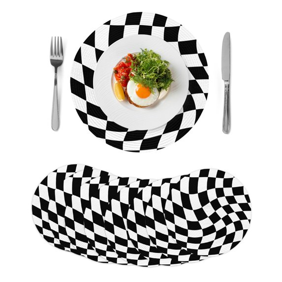 Black and White Checkered Round 15 Inch Placemats Set of 8, Modern Irregular Geometric HeatResistant Non Slip Place Mats for Dining Table, Wipeable Braided Kitchen Table Mats for Housewarming
