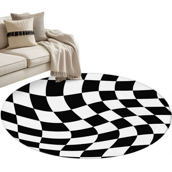 Black and White Checkered Round Area Rug 4 FT, Non Slip Indoor Outdoor Rug, Modern Irregular Geometric Washable Soft Circular Carpet Non-Shedding Floor Mat for Coffee Table Nursery Foyer Balcony