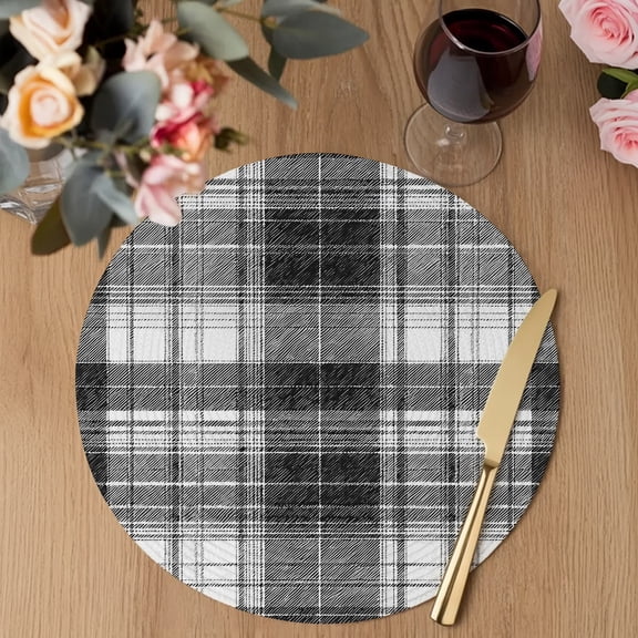 Black White Checkered Round Braided Placemats Set of 2, Minimalist Modern Gingham Gradient Geometrical Heat Insulation Place Mats Washable Non-Slip Table Mats for Kitchen Dining Party, 13 Inches