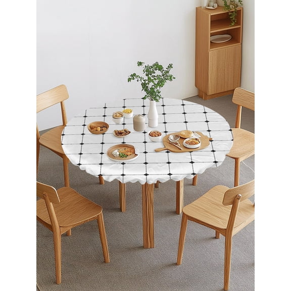 Black White Checkered Round Fitted Tablecloth with Elastic Edge, Modern Minimalist Geometric Grid Lines Plaid Waterproof Stretch Table Covers for 36"-44" Tables Wipeable Table Cloth for Outdoor