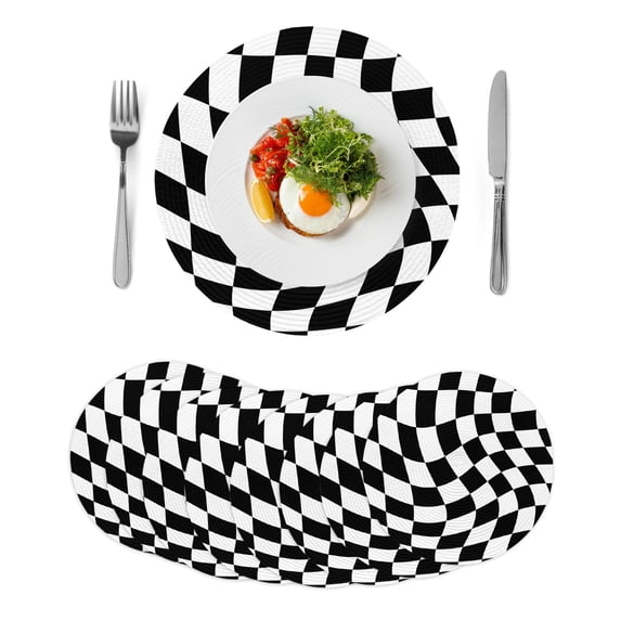 Black and White Checkered Round Placemats Set of 8 for Dinning Tables,Heat-proof Braided Table Mats 13 Inch,Modern Irregular Geometric Washable Place Mat for Kitchen Restaurant Party Table Decor