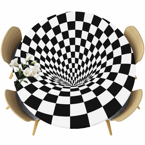 Black White Checkered Round Tablecloth 45-54 Inch Round Fitted Table Cloth with Elastic Edge, Modern Abstract Art Waterproof Table Cover Protector for Outdoor Picnic Party Dining