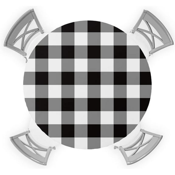 Black and White Checkered Round Tablecloth, Fitted Table Cover with Elastic for 36"-44" Round Tables, Farmhouse Buffalo Plaid Table Cloth Indoor Outdoor Dinning Party Waterproof Tablecloths