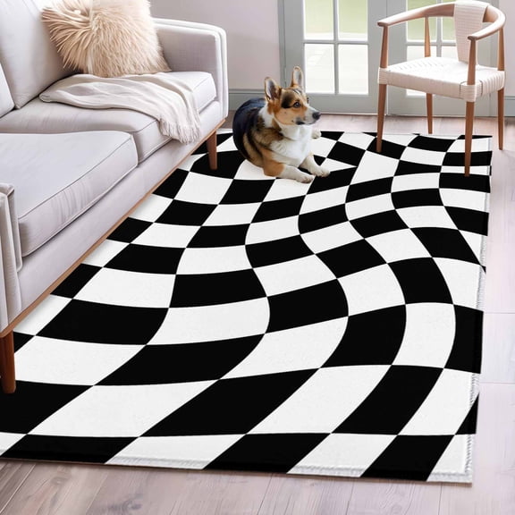 Black and White Checkered Runner Rug 2.7x5 FT, Non Slip Entryway Carpet, Modern Irregular Geometric Washable Soft Floor Carpet Entrance Mat Non-Shedding Throw Rug for Hallway Laundry Room Bedside