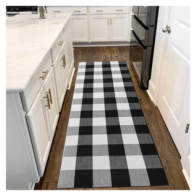 Black and White Checkered Runner Rug 2x6 ft Buffalo Plaid Check Kitchen