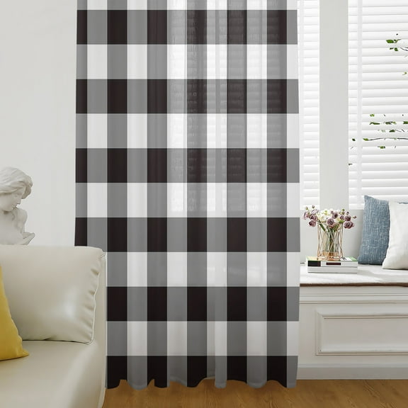 Black and White Checkered Semi Sheer Curtains Drapes for Living Room, Bedroom, French Doors Window 63 Inches Long, Farmhouse Buffalo Plaid Rod Pocket Chiffon Curtain Drapery Voile Draperies Panel